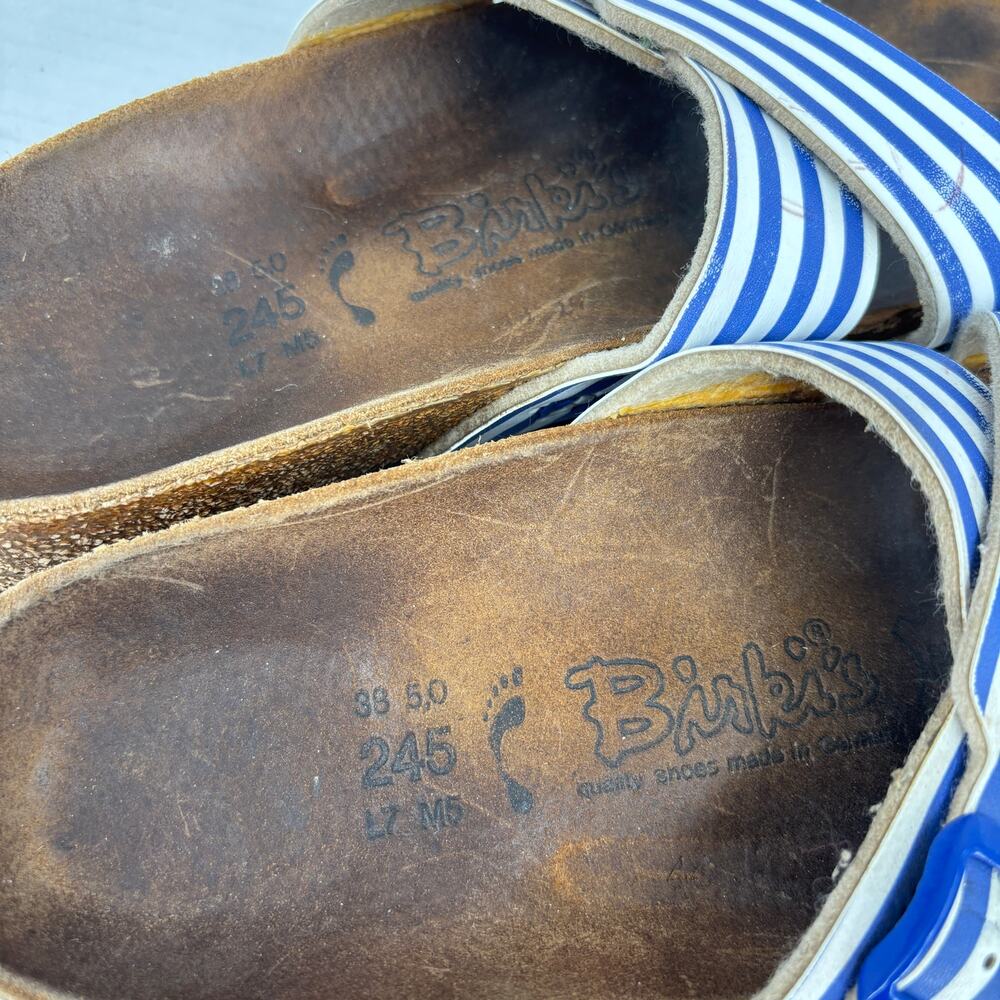 Birkenstock Slide Sandals Womens Size 7 Blue White Nautical Stripe Cross Strap - Picture 6 of 9